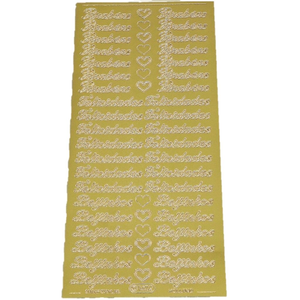 ETIQUETAS LASER “PARABÉNS, FELICIDADES E BEIJINHOS” DOURADAS
